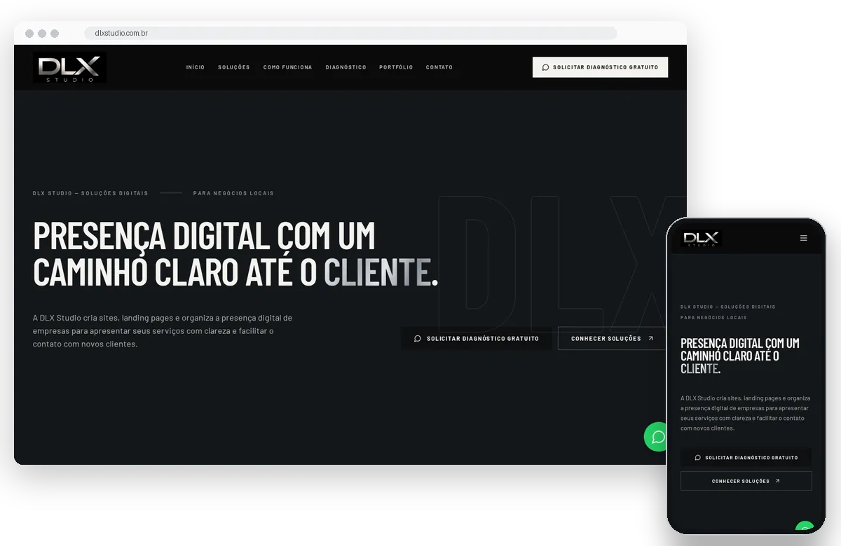 Site institucional da DLX Studio em computador e celular.
