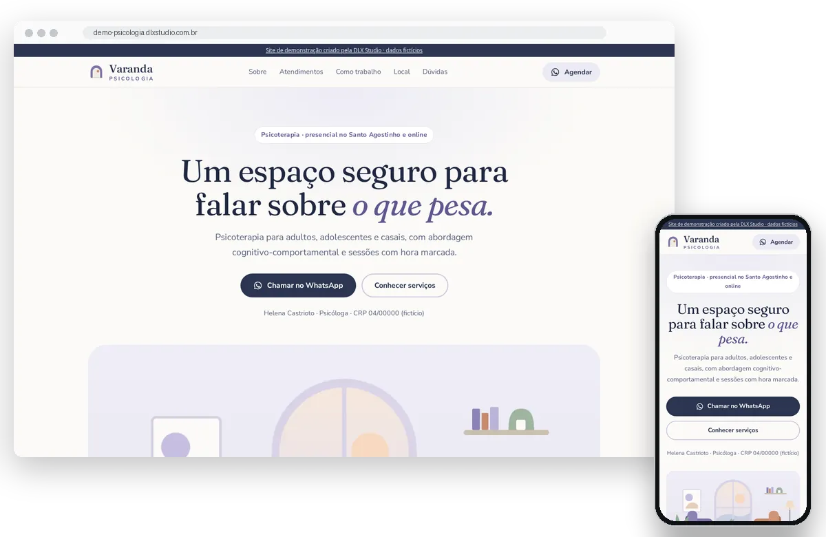 Demonstração de site de psicologia em computador e celular, com dados fictícios.
